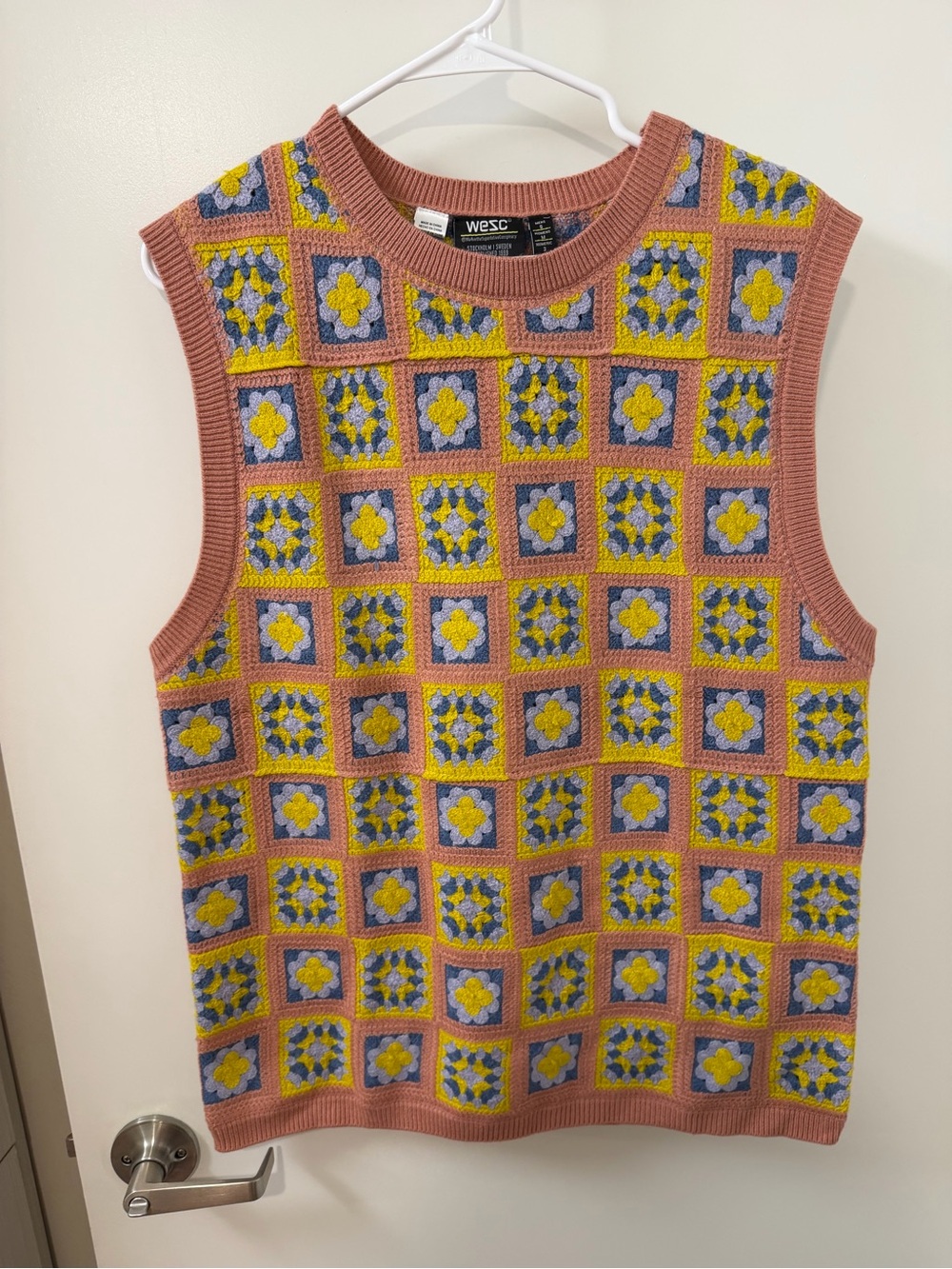 WESC Pink Sleeveless Crochet-Style Knit Tank with Yellow & Blue Motifs
